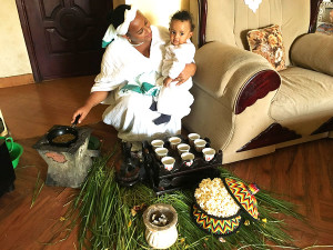 Traditional coffee ceremony with Tigist.